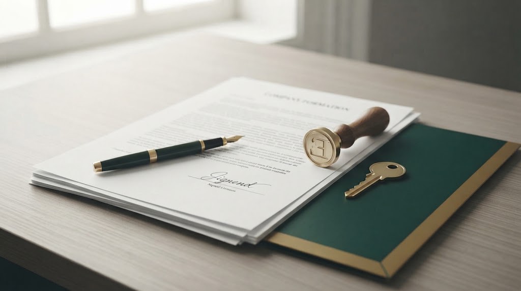 Documentos de constituição de empresa com caneta, selo e chave