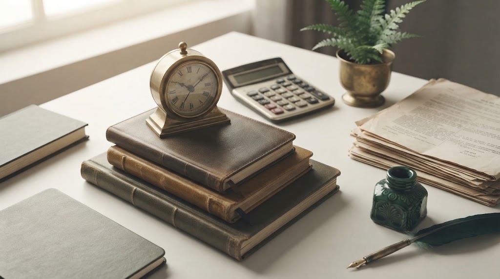 Livros de registo, calculadora e documentos numa secretária de contabilidade