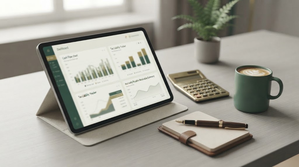 Ecrã com gráficos de contabilidade digital, acessível em qualquer altura